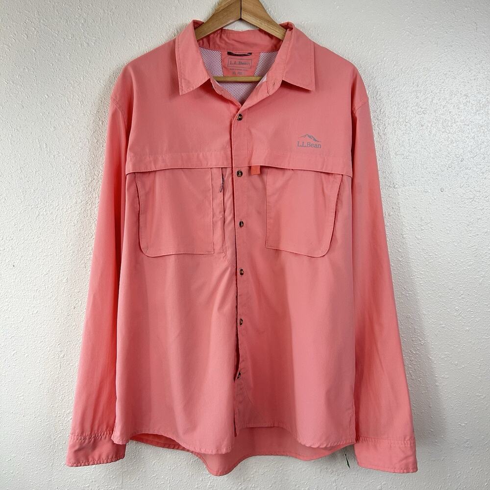 LL Bean Shirt Mens XL Long Sleeve Fishing Outdoor Hike Salmon Nylon Button Gorp